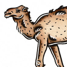 Load image into Gallery viewer, American traditional tattoo flash wildlife illustration Dromedary Camel ink and watercolor painting.
