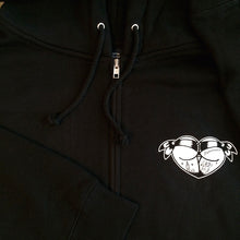 Load image into Gallery viewer, zipper close up on black mens hoodie with tattoo style butt heart logo.
