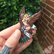 Load image into Gallery viewer, American traditional tattoo flash Sailor Jerry eagle pinup embroidered patch.
