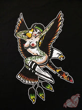 Load image into Gallery viewer, Tattoo style eagle and pinup print on black hoodie close up.

