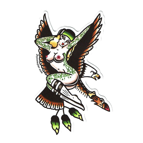 American traditional tattoo flash Illustration Eagle Skateboard Pinup watercolor sticker.