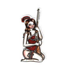 Load image into Gallery viewer, American traditional tattoo flash illustration Saloon Girl Rifle Pinup watercolor sticker.
