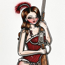 Load image into Gallery viewer, American Traditional tattoo flash sexy western saloon girl pinup spitshade painting.
