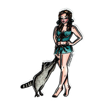 Load image into Gallery viewer, American traditional tattoo flash illustration Elly May Clampett and Raccoon country Pinup watercolor sticker.
