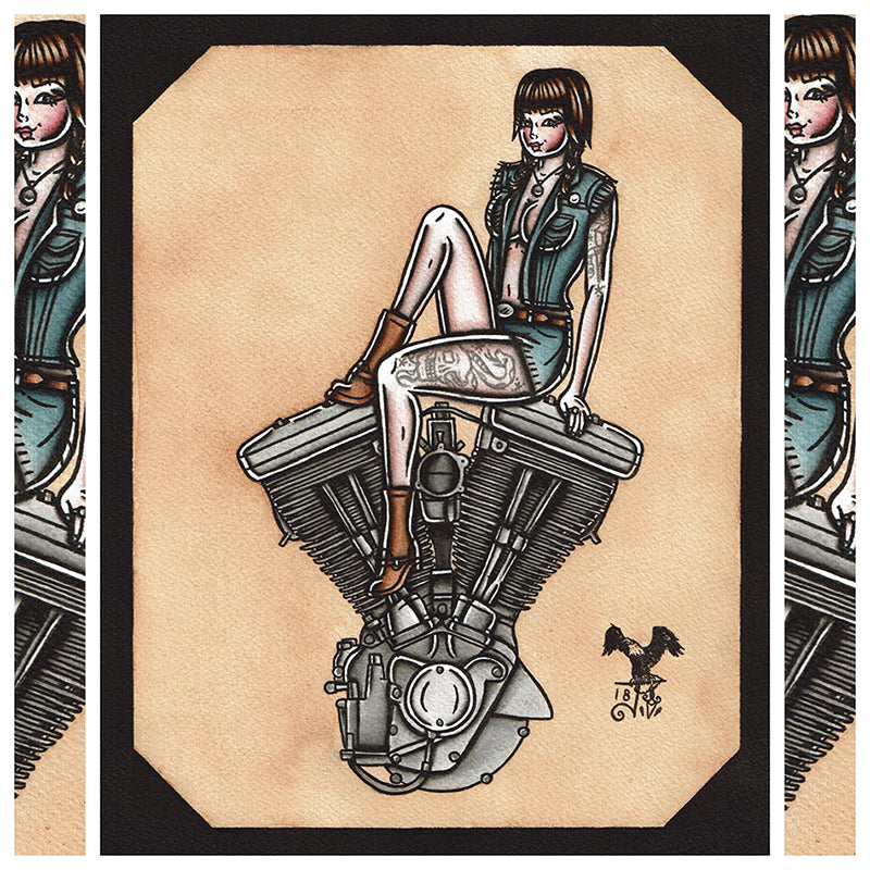 American Traditional tattoo flash sexy Harley-Davidson Evolution engine pinup spitshade painting.