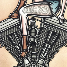 Load image into Gallery viewer, American Traditional tattoo flash sexy Harley-Davidson Evolution engine pinup spitshade painting.
