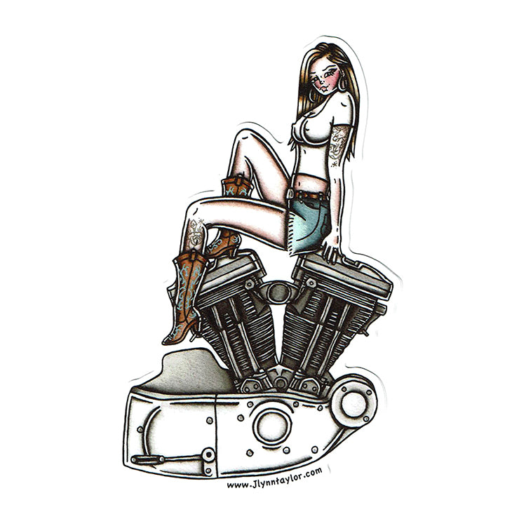 American Traditional tattoo flash illustration Harley Motorcycle Evolution Sport Engine Pinup watercolor sticker.