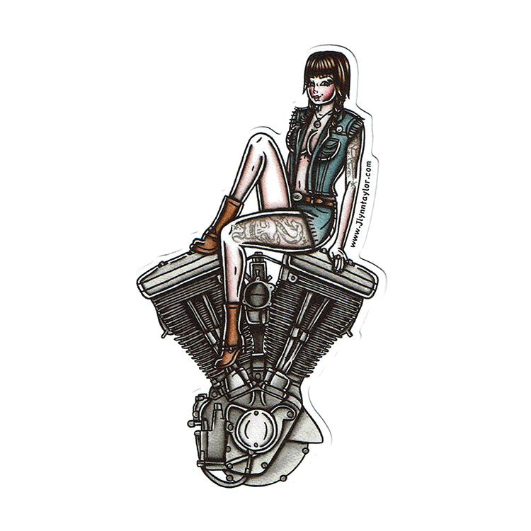 American Traditional tattoo flash illustration Harley Motorcycle Evolution Engine Pinup watercolor sticker.