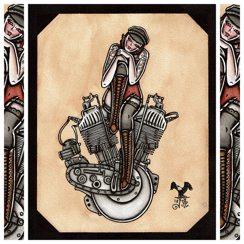 American Traditional tattoo flash sexy Harley-Davidson F-Head engine pinup spitshade painting.