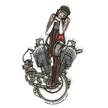 Load image into Gallery viewer, American Traditional tattoo flash sexy Harley Davidson motorcycle vintage F-Head engine pinup sticker.
