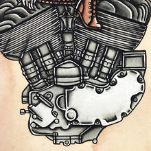 Load image into Gallery viewer, American Traditional tattoo flash sexy Harley-Davidson Flathead engine pinup spitshade painting.
