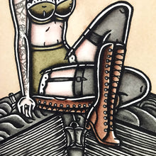 Load image into Gallery viewer, American Traditional tattoo flash sexy Harley-Davidson Flathead engine pinup spitshade painting.
