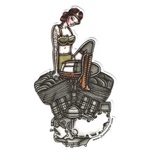Load image into Gallery viewer, American Traditional tattoo flash sexy Harley Davidson motorcycle vintage Flathead engine pinup sticker.

