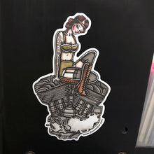 Load image into Gallery viewer, American traditional tattoo flash illustration Harley Motorcycle Flathead Engine Pinup watercolor sticker.

