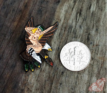 Load image into Gallery viewer, American traditional tattoo flash Sailor Jerry Eagle Pinup Enamel Pin.
