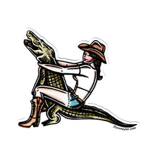 Load image into Gallery viewer, American traditional tattoo flash Alligator Wrestler Pinup watercolor sticker.

