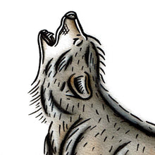 Load image into Gallery viewer, American traditional tattoo flash wildlife illustration Gray Wolf ink and watercolor illustration.
