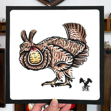 Load image into Gallery viewer, American traditional tattoo flash wildlife illustration Greater Prairie Chicken ink and watercolor painting.
