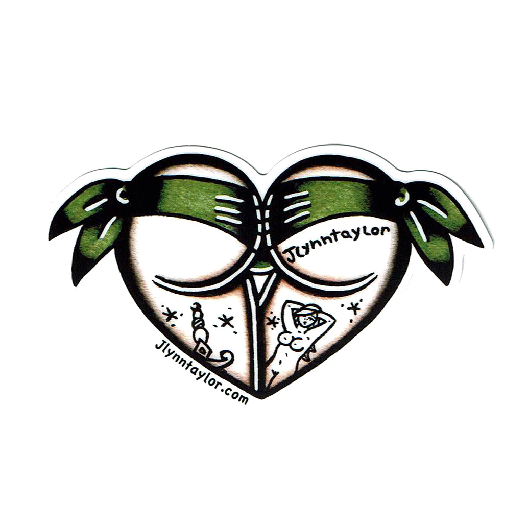 American Traditional tattoo flash Green Scrunch Butt Booty Heart watercolor sticker.
