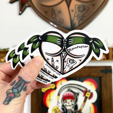 Load image into Gallery viewer, American Traditional tattoo flash Green Scrunch Butt Booty Heart watercolor sticker.
