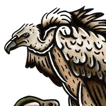 Load image into Gallery viewer, American traditional tattoo flash wildlife illustration Griffon Vulture ink and watercolor painting.
