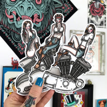 Load image into Gallery viewer, American traditional tattoo flash Harley motorcycle engine Pinup watercolor stickes.
