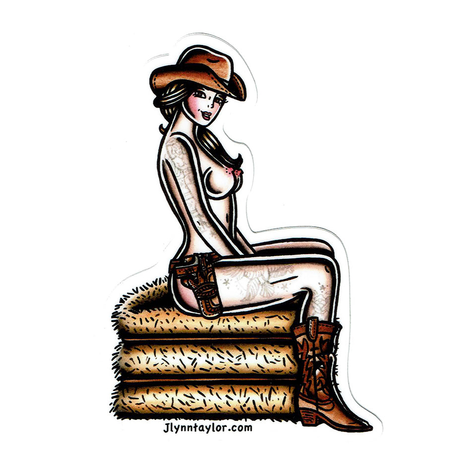 American traditional tattoo flash country Haystack cowgirl pinup watercolor sticker.