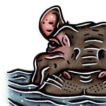 Load image into Gallery viewer, American traditional tattoo flash wildlife illustration Hippopotamus ink and watercolor painting. 
