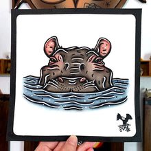 Load image into Gallery viewer, American traditional tattoo flash wildlife illustration Hippopotamus ink and watercolor painting. 
