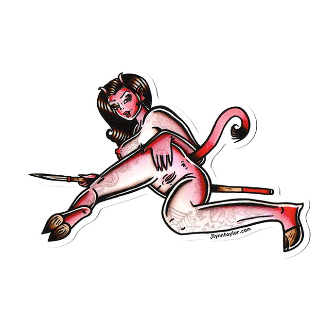 American traditional tattoo flash Horny Devil Pinup watercolor sticker.