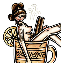 Load image into Gallery viewer, American traditional tattoo flash Hot Toddy Pinup watercolor painting.
