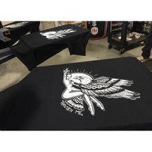 Load image into Gallery viewer, American Traditional Tattoo Flash Eagle and Pinup t-Shirt on screen-printing press.
