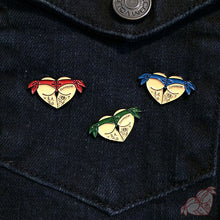 Load image into Gallery viewer, Butt Heart pin set of three  on denim vest.
