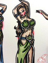 Load image into Gallery viewer, American Traditional tattoo flash Belly Dancer pinup watercolor painting.
