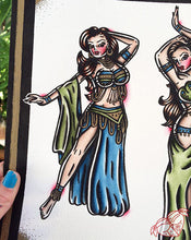 Load image into Gallery viewer, American Traditional tattoo flash Belly Dancer pinup watercolor painting.
