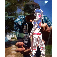 Load image into Gallery viewer, American traditional tattoo flash Santa Cruz Skateboard Pinup watercolor sticker.
