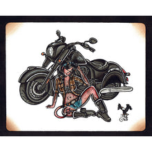 Load image into Gallery viewer, American Traditional tattoo flash Harley Dark Horse Motorcycle Pinup commissioned watercolor painting.
