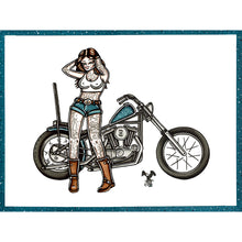 Load image into Gallery viewer, American traditional tattoo flash Harley-Davidson Ironhead Chopper Pinup watercolor painting.
