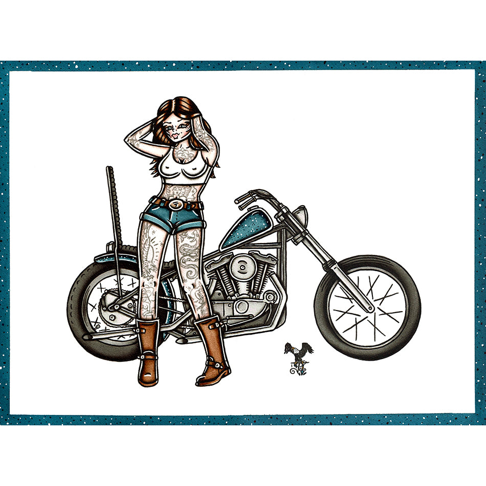 American traditional tattoo flash Harley-Davidson Ironhead Chopper Pinup watercolor painting.