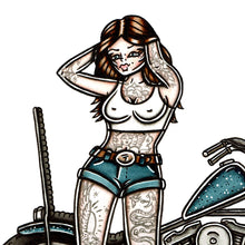 Load image into Gallery viewer, American traditional tattoo flash Harley-Davidson Ironhead Chopper Pinup watercolor painting.

