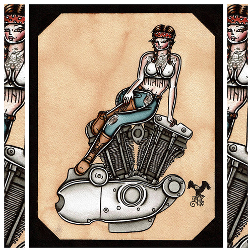 American Traditional tattoo flash sexy Harley-Davidson Ironhead engine pinup spitshade painting.