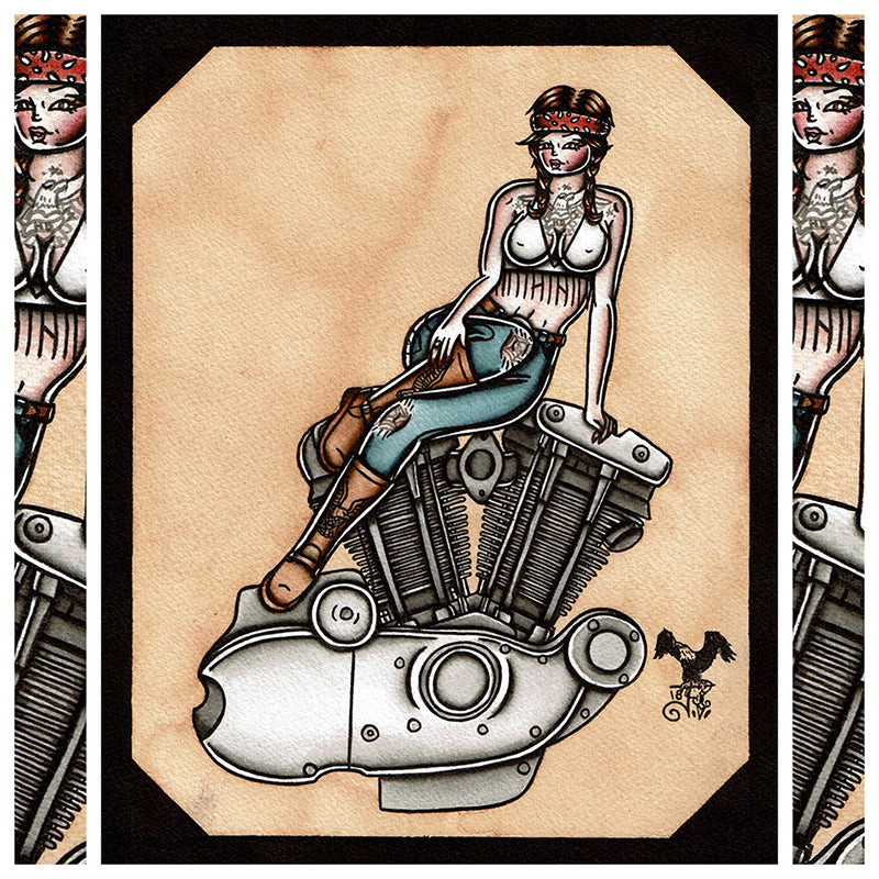 American Traditional tattoo flash sexy Harley-Davidson Ironhead engine pinup spitshade painting.