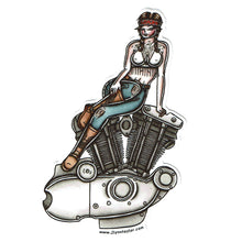 Load image into Gallery viewer, Tattoo flash style Harley Davidson Ironhead engine pinup sticker.
