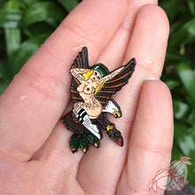 Load image into Gallery viewer, American traditional tattoo flash Sailor Jerry Eagle Pinup Enamel Pin.
