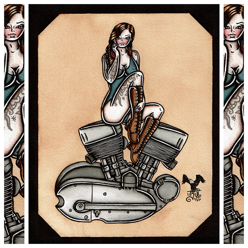 American Traditional tattoo flash sexy Harley-Davidson K-Model engine pinup spitshade painting.