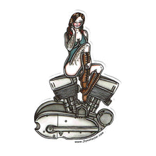 Load image into Gallery viewer, American Traditional tattoo flash illustration Harley Motorcycle K-Model Engine Pinup watercolor sticker.
