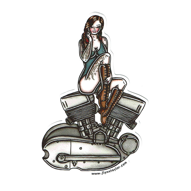 American Traditional tattoo flash illustration Harley Motorcycle K-Model Engine Pinup watercolor sticker.