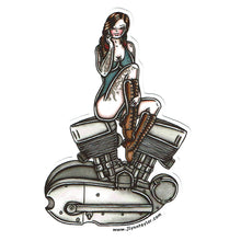 Load image into Gallery viewer, Tattoo flash style Harley Davidson K-Model engine pinup sticker.
