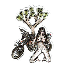 Load image into Gallery viewer, American traditional tattoo flash naughty KTM Enduro dirt bike pinup sticker.
