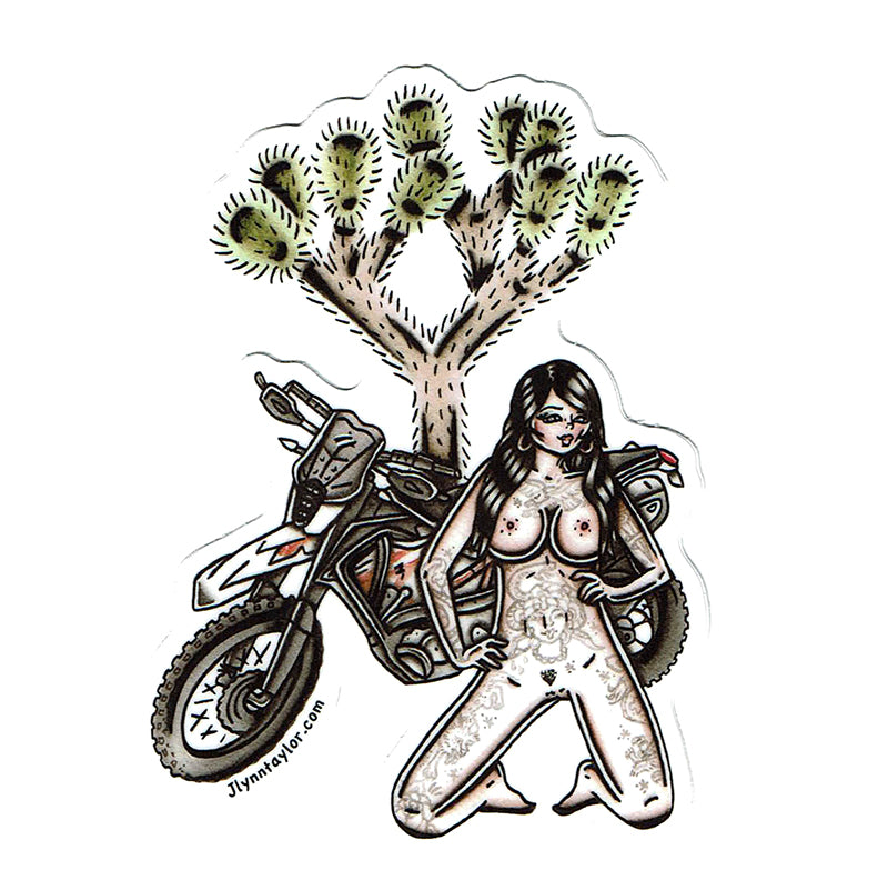 American traditional tattoo flash naughty KTM Enduro dirt bike pinup sticker.